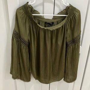 WHBM Women’s Olive Green Polyester Off The Shoulder Bell Sleeve Blouse Top